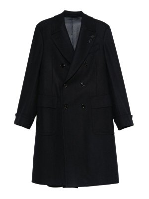 LARDINI: knee length coats - Blue Double-Breasted Wool Coat
