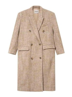 Isabel Marant Etoile: knee length coats - Beige Pilda Herringbone Wool-Blend Coat