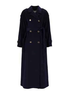 ELISABETTA FRANCHI: knee length coats - Blue Double-Breasted Wool Coat With Belt