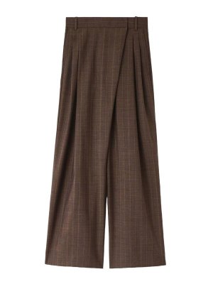 GANNI: casual trousers - Brown Striped Wide-Leg Wool Wrap Trousers