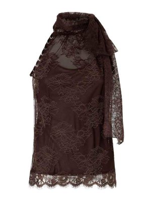 Pinko: Tops & Tank tops - Skoda Lined Lace Top In Brown Color