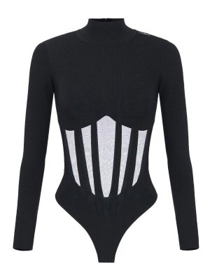 ELISABETTA FRANCHI: Top e canotte - Body nero con dettagli traforati trasparenti
