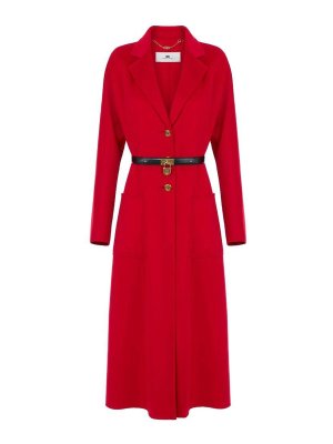 ELISABETTA FRANCHI: knee length coats - Red Coat With Matching Belt And Pockets