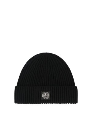 STONE ISLAND: beanies - Black Ribbed Wool Beanie With Logo Patch