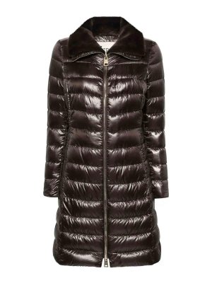 HERNO: padded jackets - Long Down Jacket with Fur Collar Dark Brown