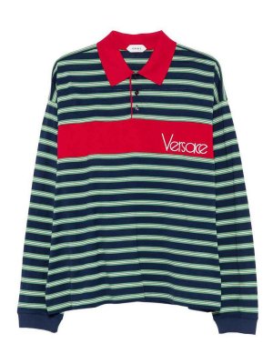 VERSACE: polo shirts - Striped Cotton Polo Shirt With Logo Intarsia