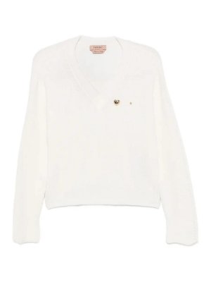TWINSET: Suéteres con cuello pico - Suéter Cuello Redondo - Blanco
