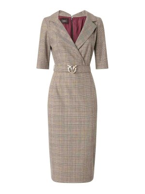 Pinko: knee length dresses - Love Birds Check Wool Dress With Belt