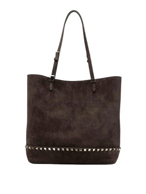 VALENTINO GARAVANI: totes bags - Dark Brown Rockstud Medium Tote Bag