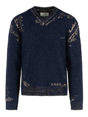 Maison Margiela: Strickpullover mit Rundhalsausschnitt - Rundhalspullover - Blau