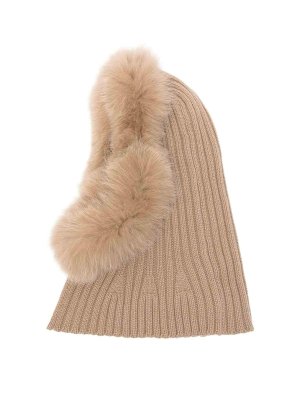 YVES SALOMON: hats & caps - Ribbed wool cashmere balaclava with fur trim