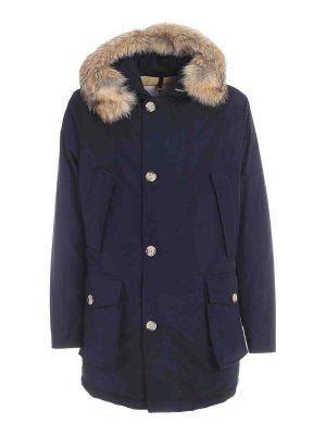 WOOLRICH: parkas - Navy hooded parka with textured trim