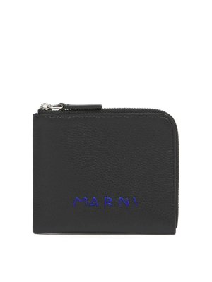 Marni: wallets & purses - Black zip wallet with contrast logo