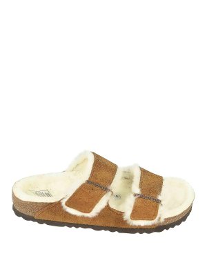 BIRKENSTOCK: sandals - Tan Arizona slides with fluffy trim