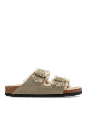 BIRKENSTOCK: sandals - Taupe Arizona slides with fluffy trim