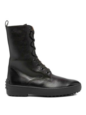TOD'S: flat shoes - Black lace-up mid-calf boots