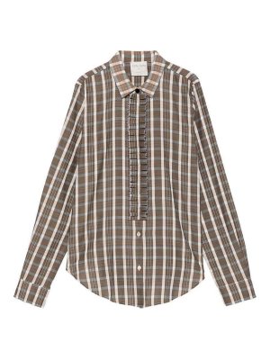 FORTE FORTE: camicie - Camicia a quadri marrone con volant sul petto