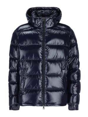 HERNO: padded jackets - Blue glossy ultralight hooded down jacket