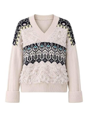 Liu Jo: maglia collo rotondo - Maglione con scollo a V color crema e blu