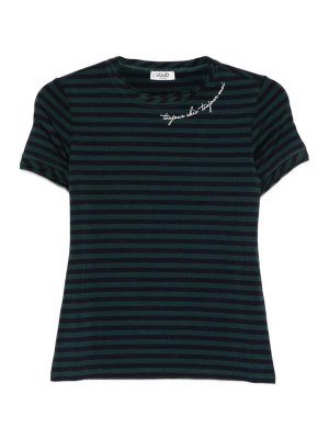 Liu Jo: cappotti corti - T-shirt a righe verde scuro ricamata
