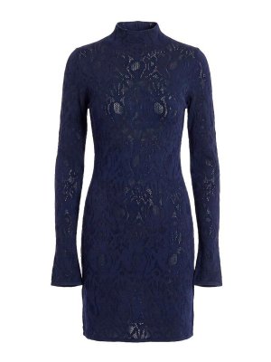 DONDUP: knee length dresses - Blue semi-sheer lace turtleneck dress