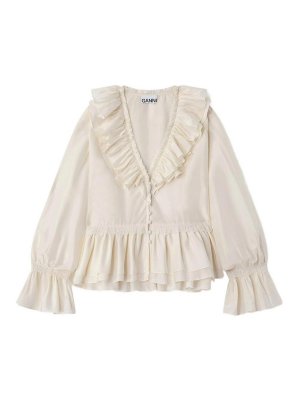 GANNI: blouses - Egret viscose-silk blouse
