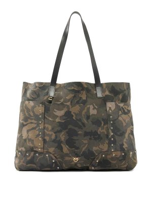 Pinko: totes bags - Green tote suede bag with floral print