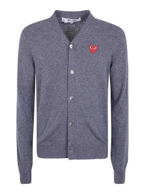 Comme des Garçons Play: cardigans - Grey V-neck cardigan with red emblem