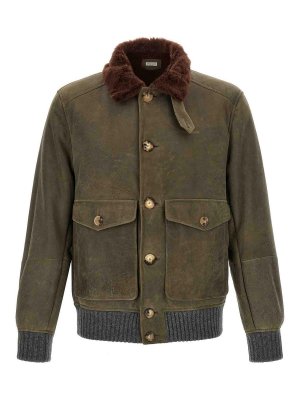 BRUNELLO CUCINELLI: bombers - Green Waxed Shearling Bomber Jacket