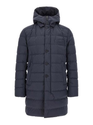 HERNO: padded jackets - Blue Technical Hooded Puffer Jacket