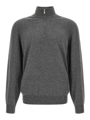 BRUNELLO CUCINELLI: crew necks - Grey Half-Zip Cashmere Jumper