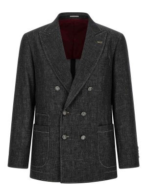BRUNELLO CUCINELLI: blazers - Blue Double-Breasted Denim Blazer