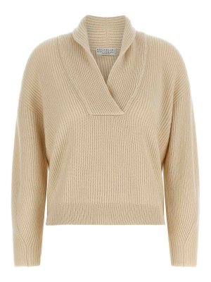BRUNELLO CUCINELLI: crew necks - Beige Shawl Neck Ribbed Jumper