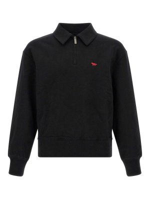 MAISON KITSUNÉ: Sweatshirts & Sweaters - Black Cotton Half-Zip Sweatshirt