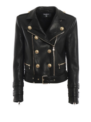 Balmain: leather jacket - Gold-tone button leather jacket