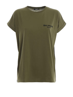Balmain: t-shirt - T-shirt verde in cotone con logo sul petto
