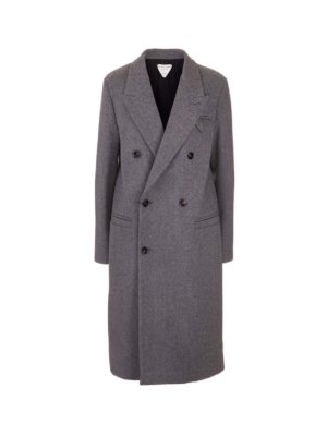 BOTTEGA VENETA: knee length coats - Double-breasted coat in gray