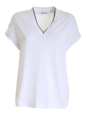 BRUNELLO CUCINELLI: t-shirts - Embellished neckline T-shirt in white