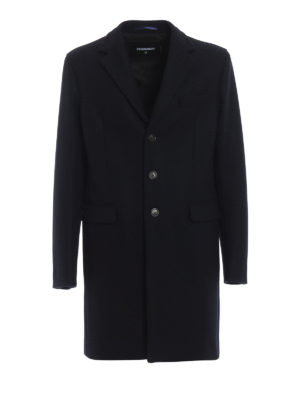DSQUARED2: knee length coats - Blue techno wool single-breasted coat