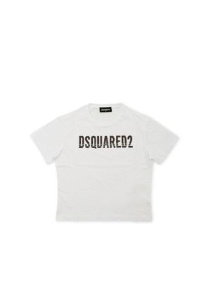 DSQUARED2: t-shirt - T-shirt bianca con logo in paillettes
