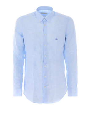 ETRO: shirts - Sky blue linen slim fitting b/d shirt