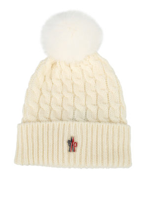 MONCLER GRENOBLE: beanies - Fur pompom white cable knit wool beanie