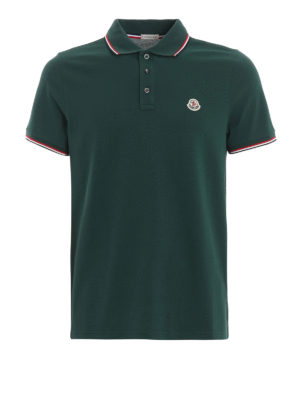 MONCLER: polo shirts - Tricolour trim green cotton pique polo shirt