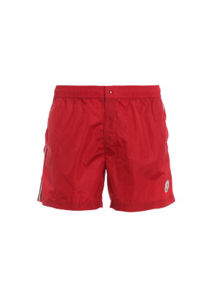 MONCLER: Swim shorts & swimming trunks - Red swim shorts with tricolour grosgrain