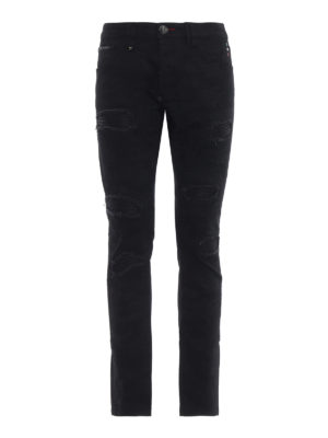 PHILIPP PLEIN: jeans skinny - Jeans Camou neri in denim effetto usato