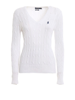 POLO RALPH LAUREN: v necks - White twist Pima cotton sweater