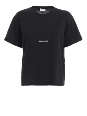 SAINT LAURENT: t-shirts - Logo lettering print black Tee