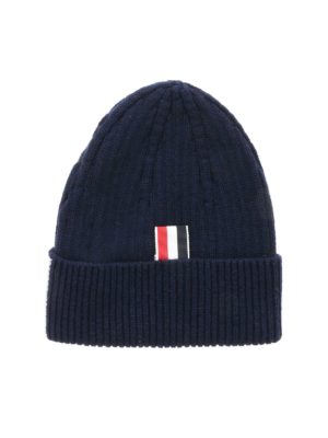 THOM BROWNE: hats & caps - 4 Bar Stripe beanie in blue cashmere
