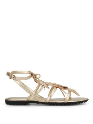 TOD'S: sandals - Gold leather fringed cage sandals