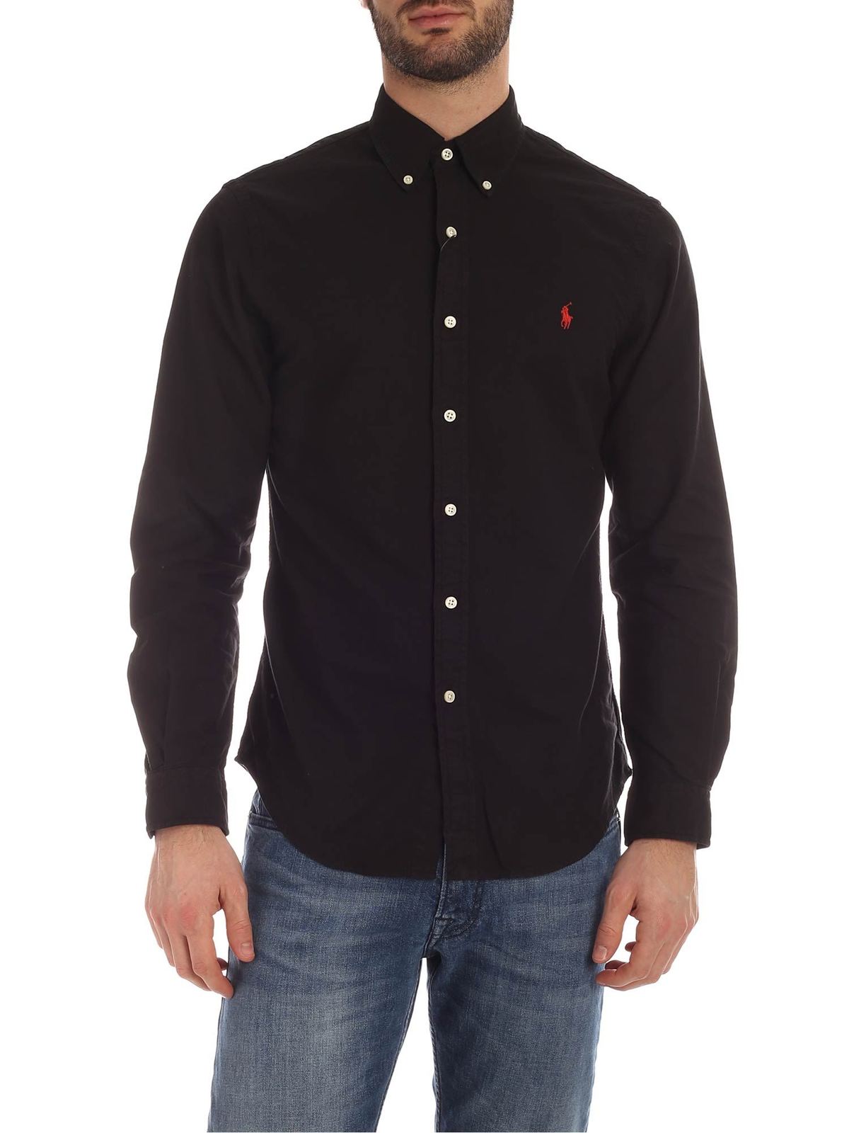 Shop Polo Ralph Lauren Logo Button Down Shirt In Black
